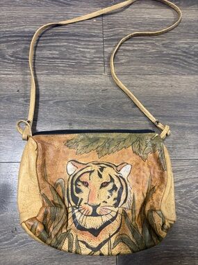 Tan Leather Crossbody Bag with Tiger Print